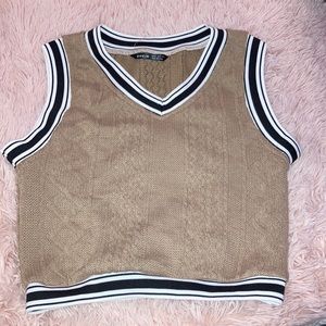 brown shirt with white and black stripes